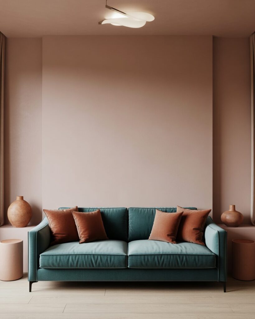 Soft neutral walls letting the teal velvet sofa and terracotta decor shine.