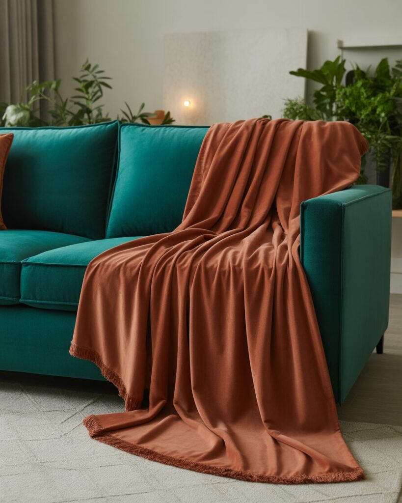 Teal velvet sofa layered with a terracotta throw blanket for added warmth and texture.