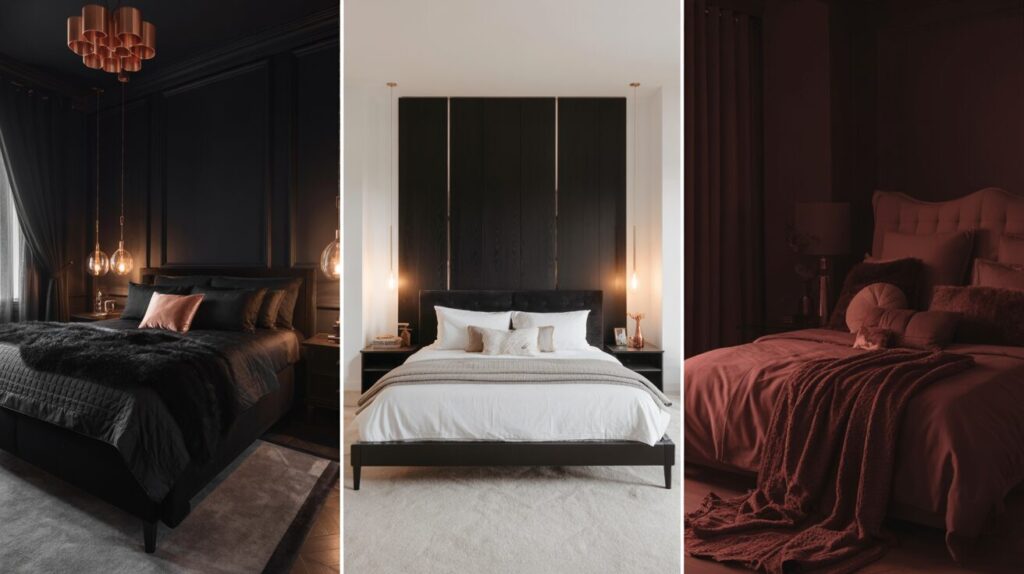  A sophisticated black bedroom with minimalist furniture and subtle colorful accents.
