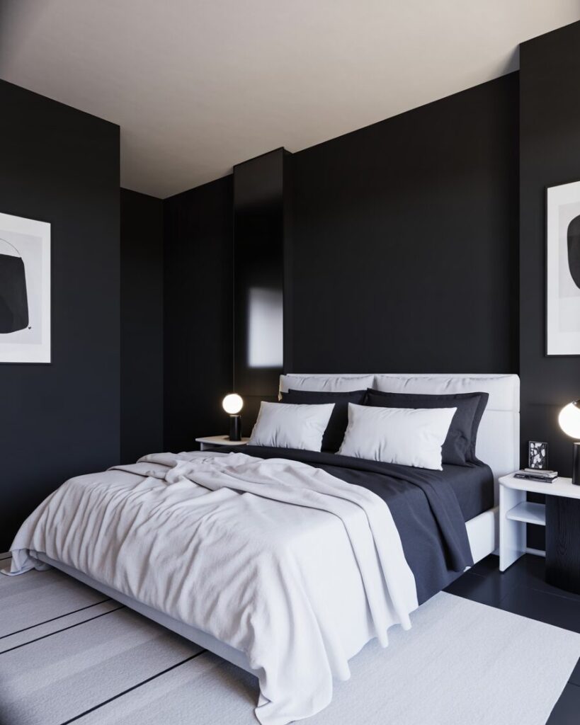  A stylish black and white bedroom featuring minimalist furniture and bold contrasts.
