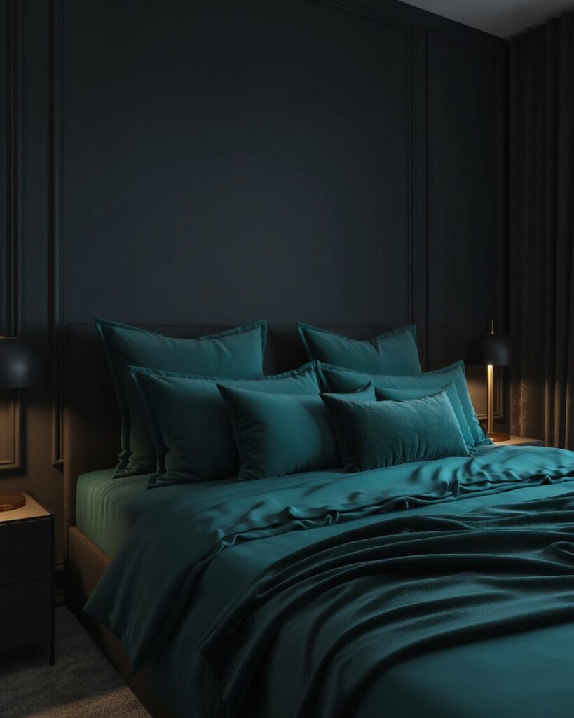 A sophisticated black and teal bedroom with a rich color palette for an elegant vibe.
