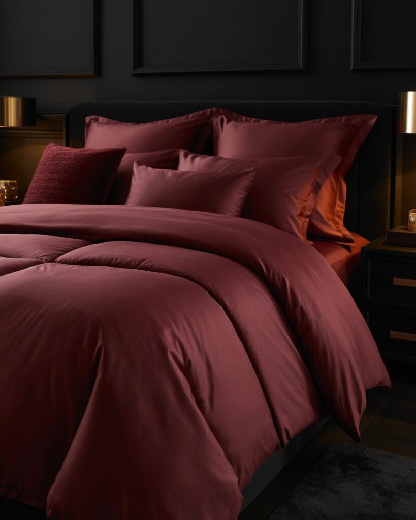 A deep, romantic black bedroom with burgundy accents for a cozy, intimate setting.
