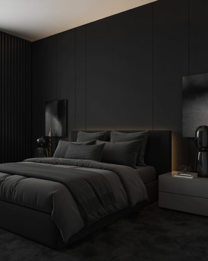  A modern black and charcoal bedroom with minimalist décor for a sophisticated vibe.
