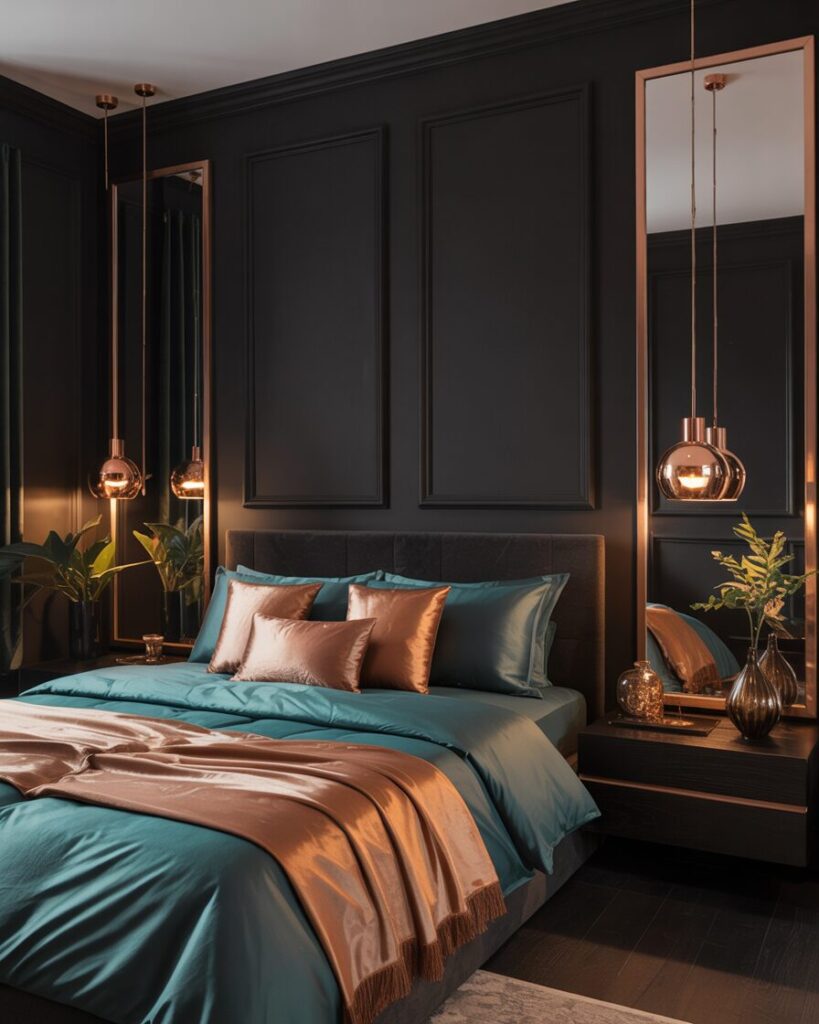  A harmonious black bedroom with stunning, coordinated accents for a luxurious yet cozy vibe.

