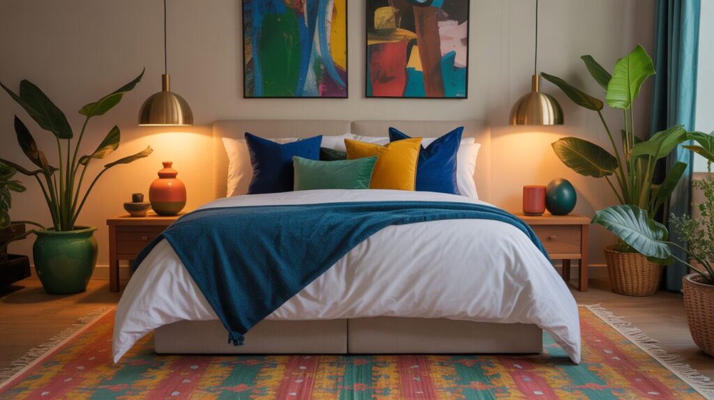 A retro-modern bedroom with mid-century furniture, vibrant colors, and a playful, stylish vibe.