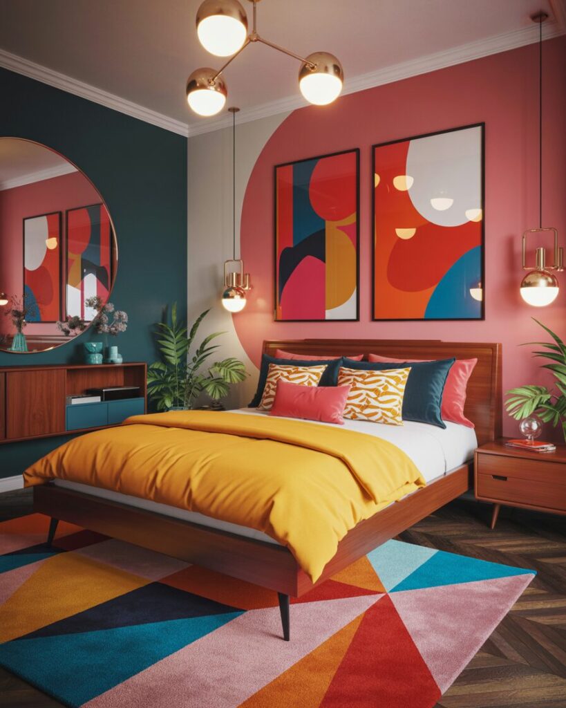 A boho bedroom with macrame wall hangings, layered rugs, and plenty of houseplants. The bed is adorned with textured throw pillows in vibrant colors.
