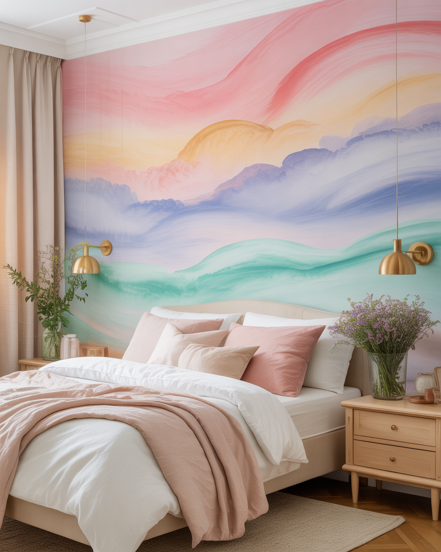Pastel watercolor wallpaper accent wall in a serene bedroom with light wood furniture.