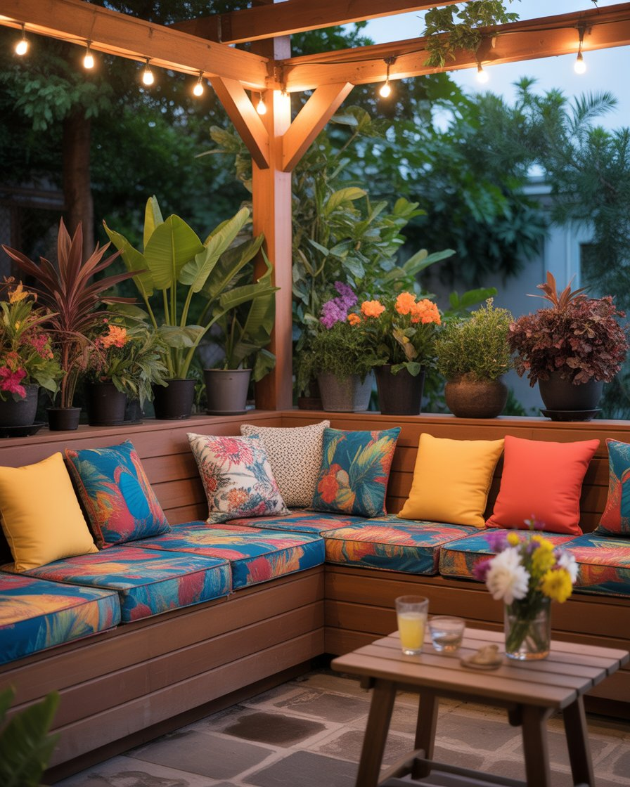 Corner pergola with built-in wooden bench and colorful cushions