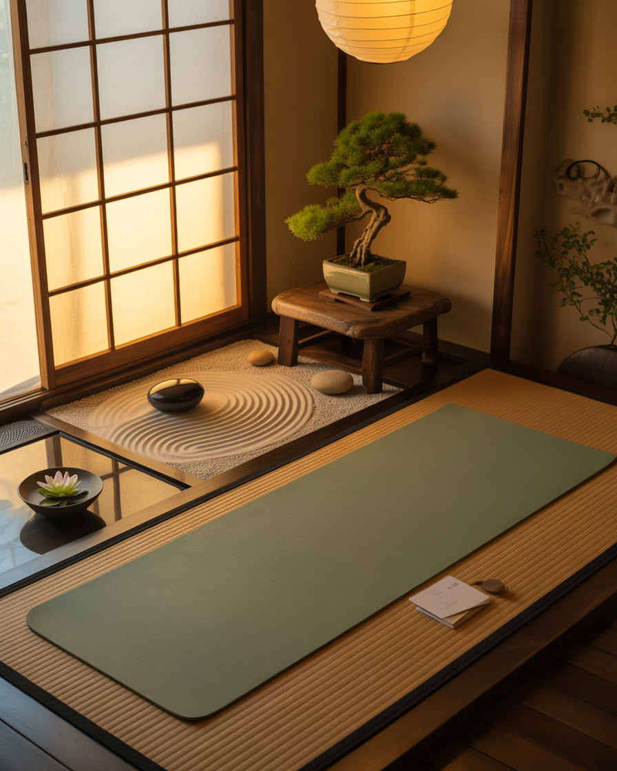 Mini Zen garden with pebbles and bonsai adding serenity to yoga space.
