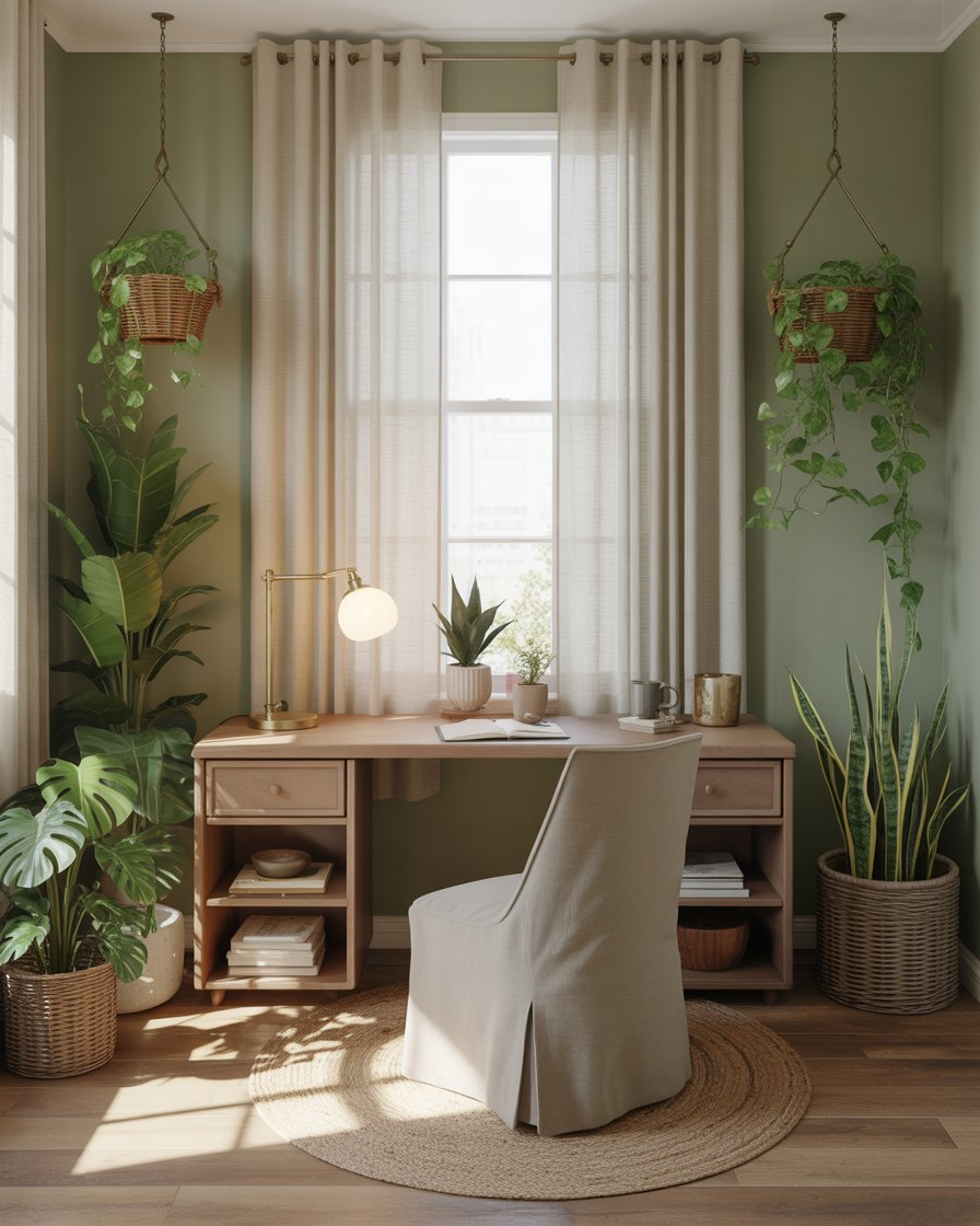 Green walls, wooden furniture, and potted plants create a peaceful workspace.