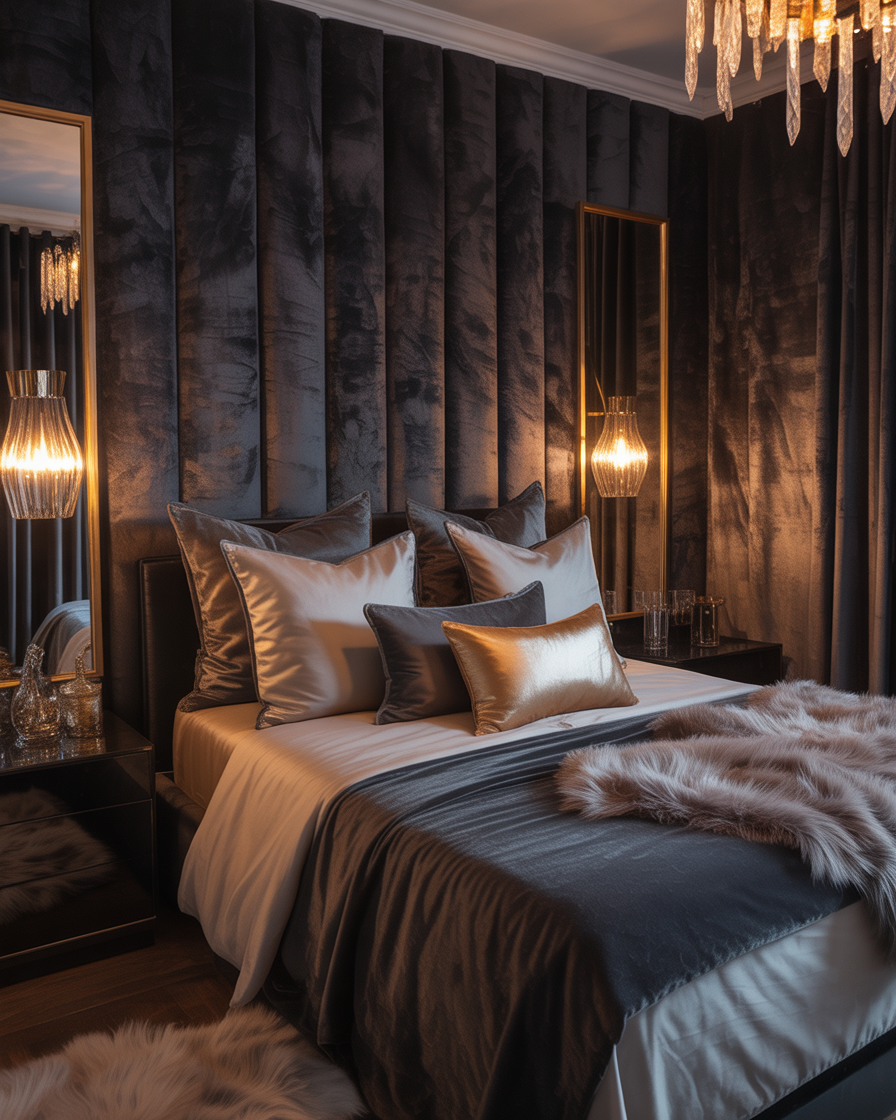 Dark charcoal textured wallpaper accent wall in a modern bedroom with gold accents.