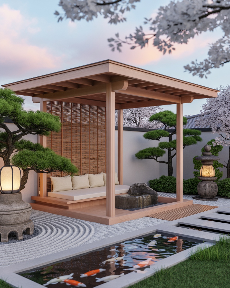 Japanese-style corner pergola with bamboo screens and koi pond