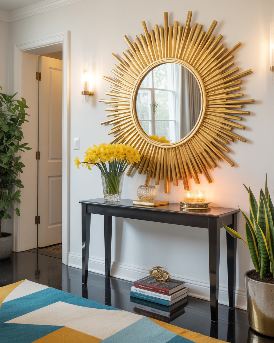 Sunburst entryway mirror with golden rays above console table.