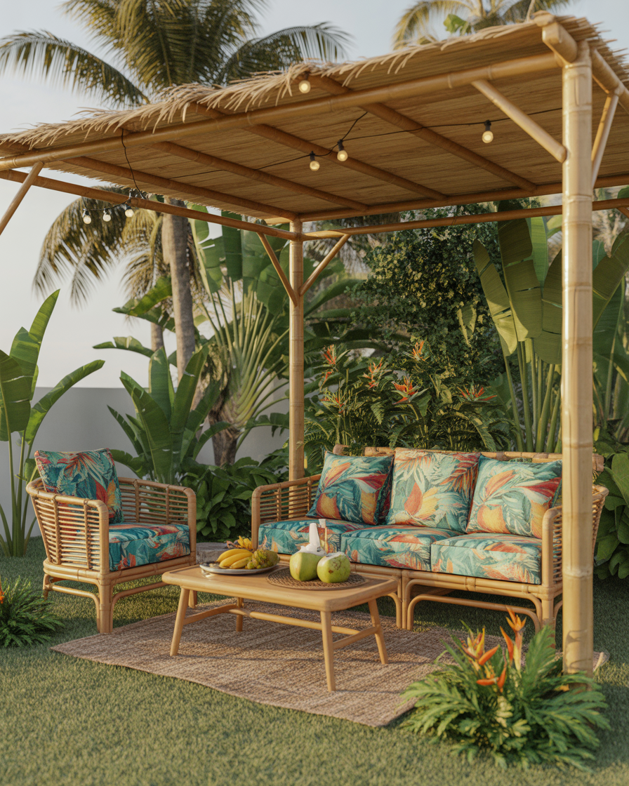 Corner bamboo pergola with palm leaf roof and tropical plants