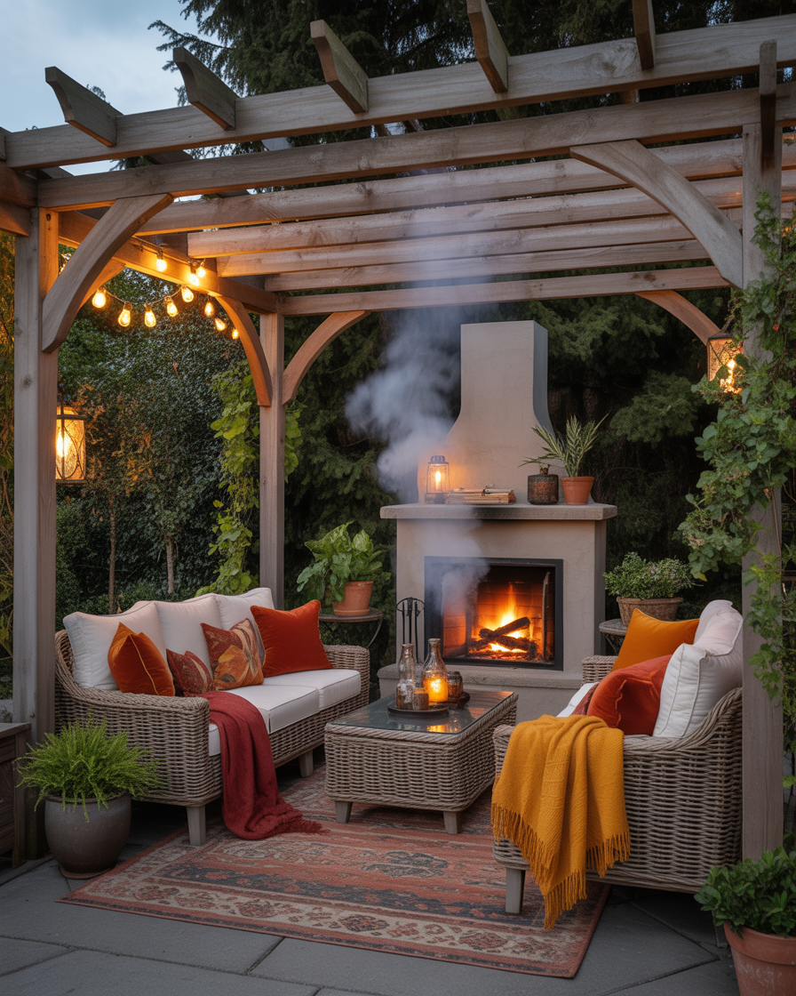 Corner pergola with outdoor fireplace and lounge seating
