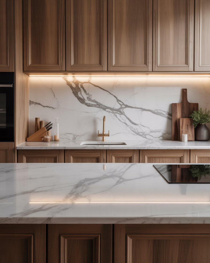 A luxurious kitchen with white marble countertops and natural wood cabinet doors, exuding elegance and warmth.