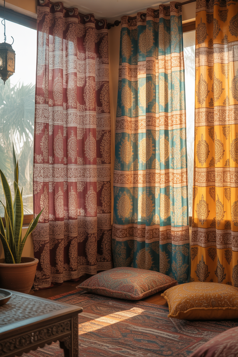 Indian block-printed boho curtains in deep indigo and maroon with floral motifs.