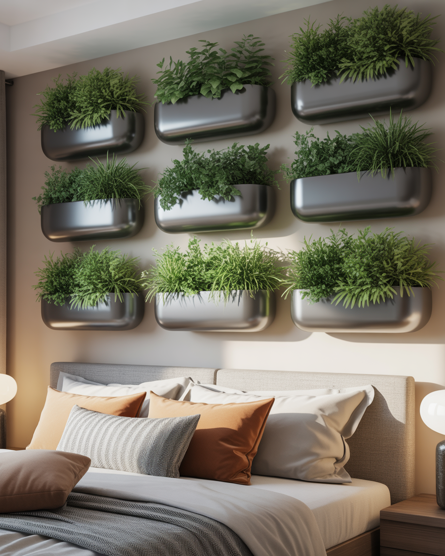 Wall-mounted planters holding lush green plants in a bedroom.