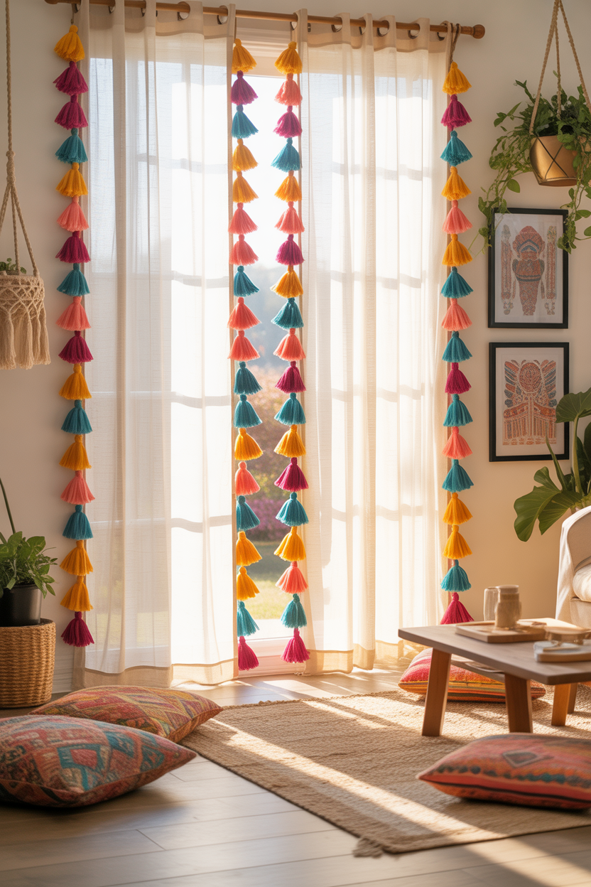 White boho sheer curtains with colorful tassel trim hanging beside a rustic window.