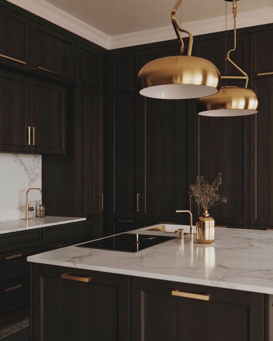 Modern espresso kitchen with gold fixtures and white surfaces.