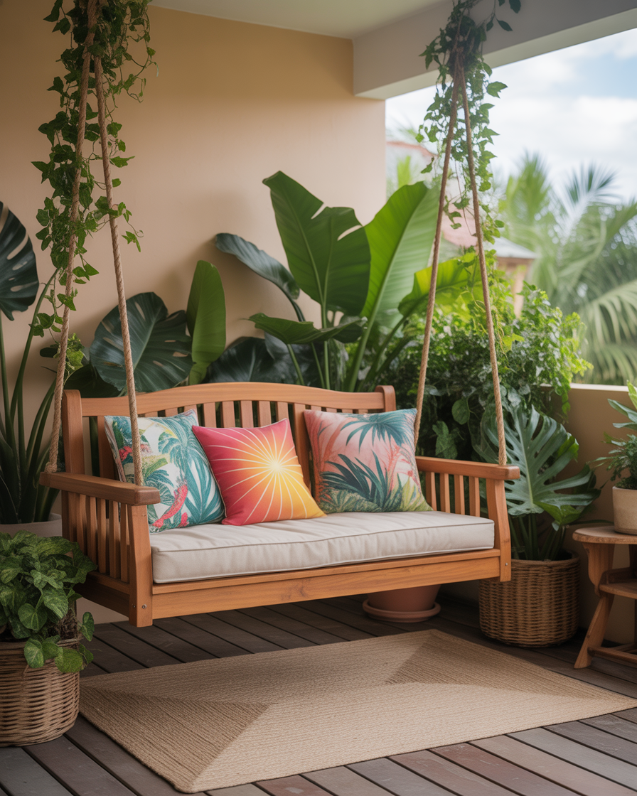 Wooden bench swing with floral cushions in a small patio garden surrounded by potted plants.