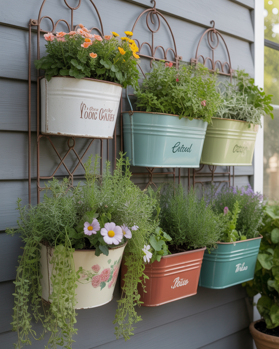 Cozy brick patio wall with vintage wire baskets overflowing with flowers, vines, and greenery.