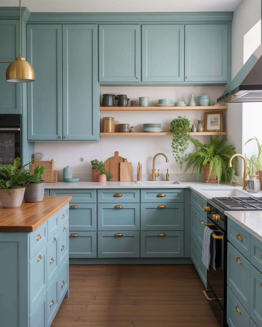 A serene kitchen with soft pastel blue cabinets and light wood accents.