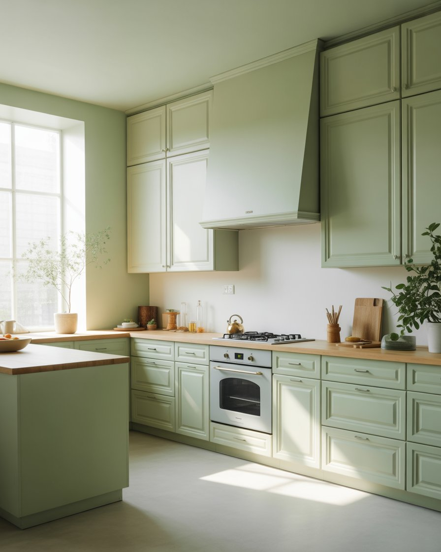 A peaceful sage green kitchen with white cabinets and light wood accents.