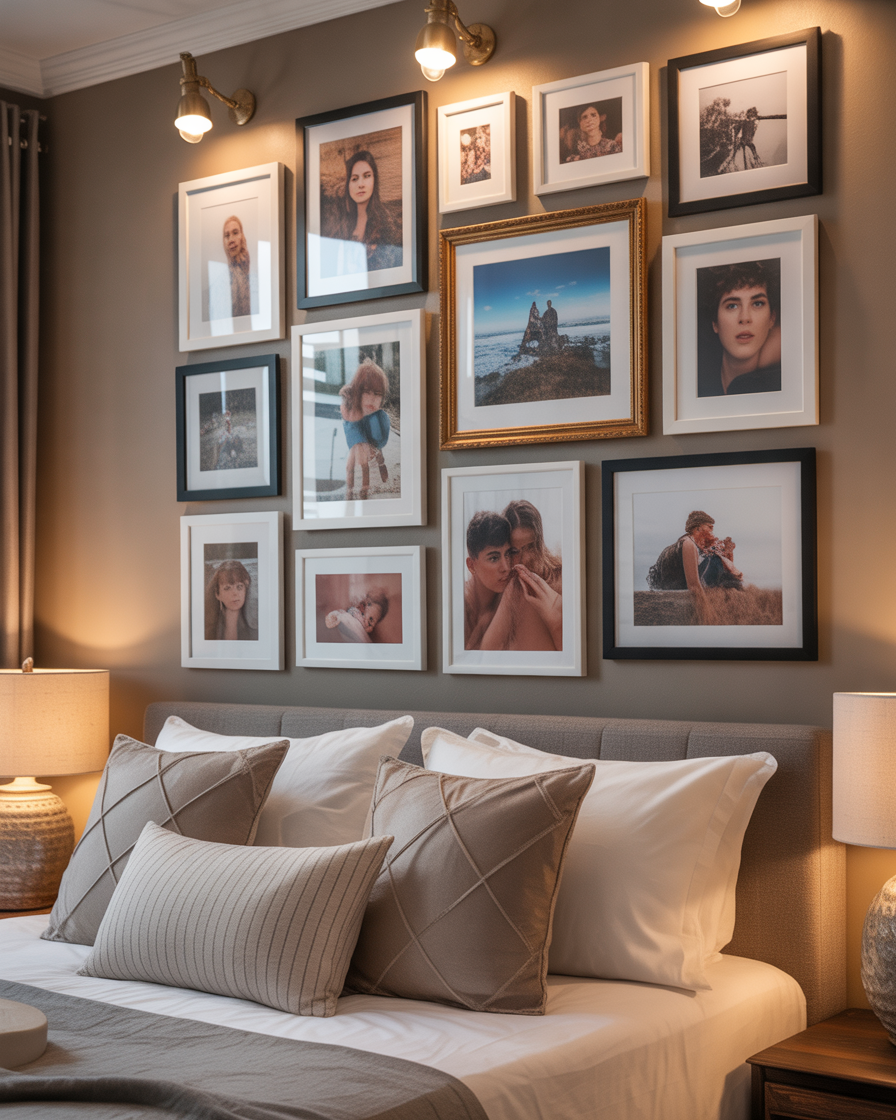Bedroom wall with a gallery of framed personal photos arranged in a stylish layout.