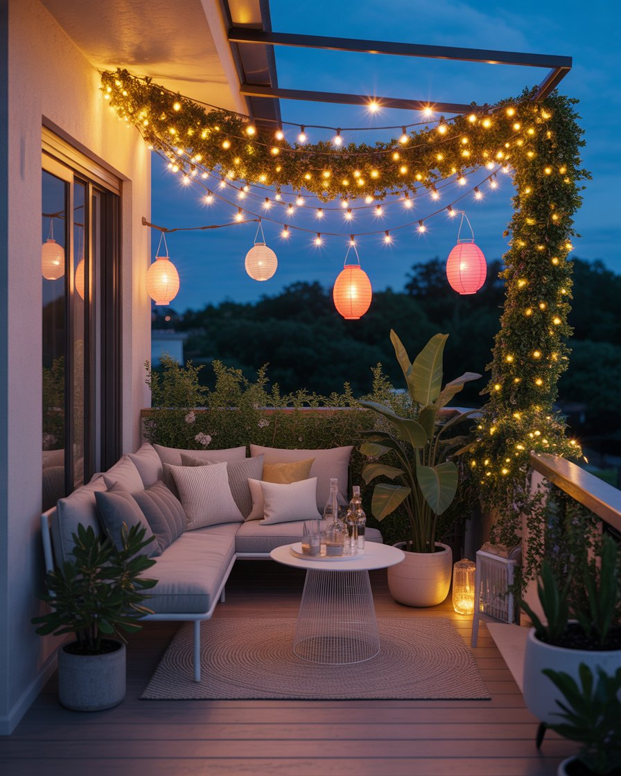 A balcony adorned with string lights, creating a soft, glowing ambiance for evening relaxation.