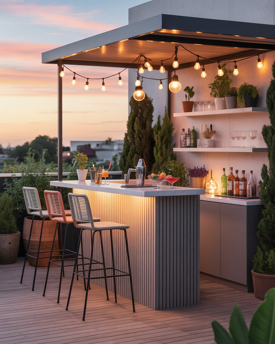A stylish balcony bar setup with a small counter and stools, ideal for summer cocktails.