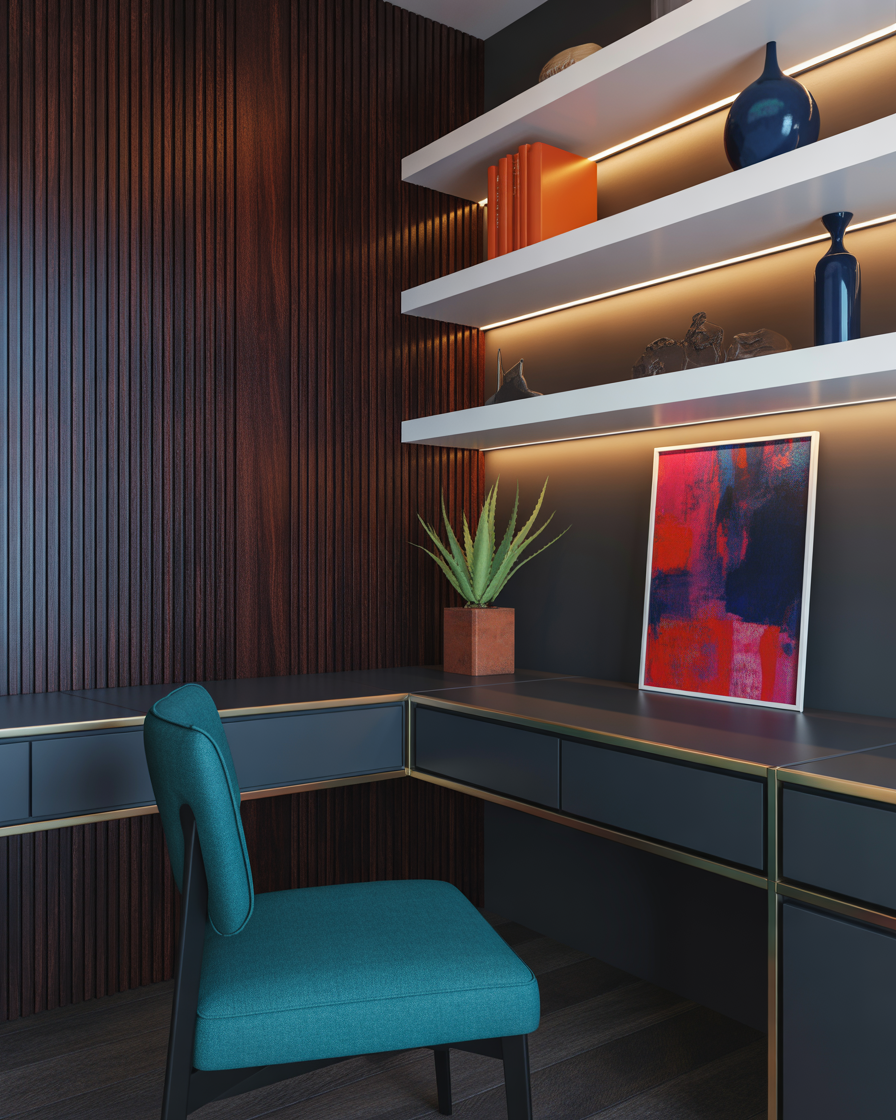 Contemporary desk with dark wood and sleek white accents.