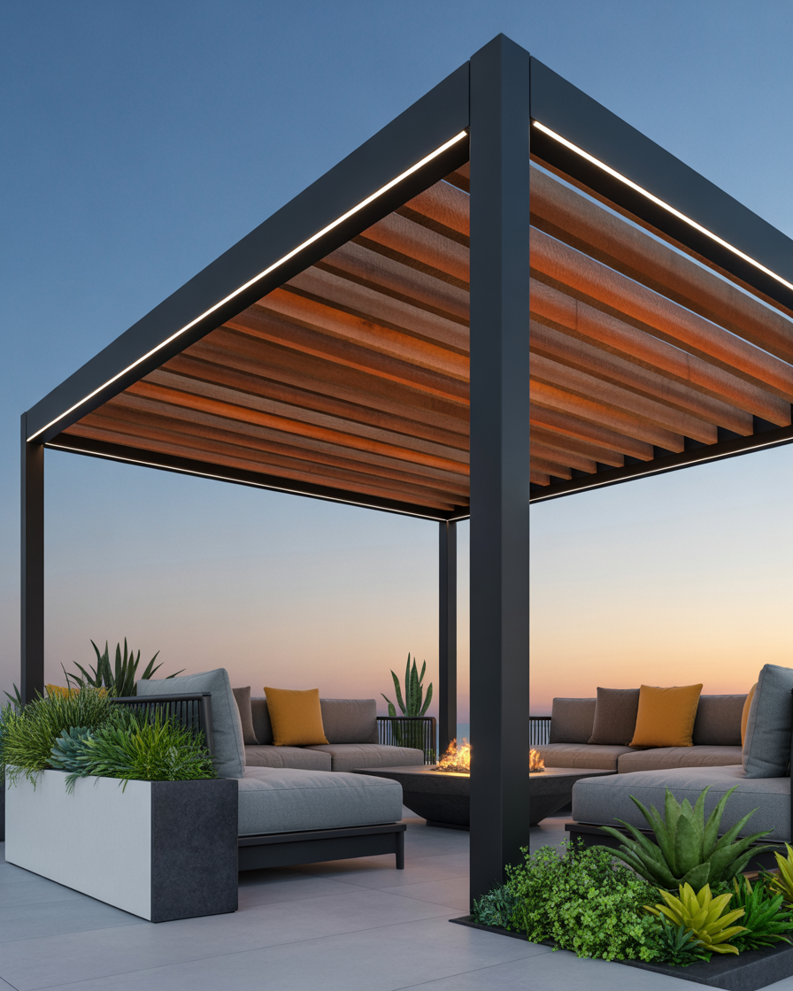 Modern steel and wood corner pergola with lounge chairs