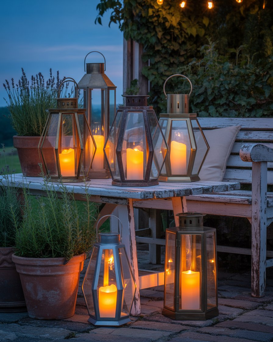 Cluster of brass and iron vintage lanterns with lit candles on rustic outdoor table, evening setting.