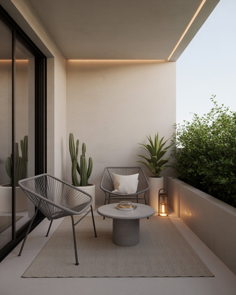 A minimalist balcony with simple furniture, neutral tones, and a few plants.