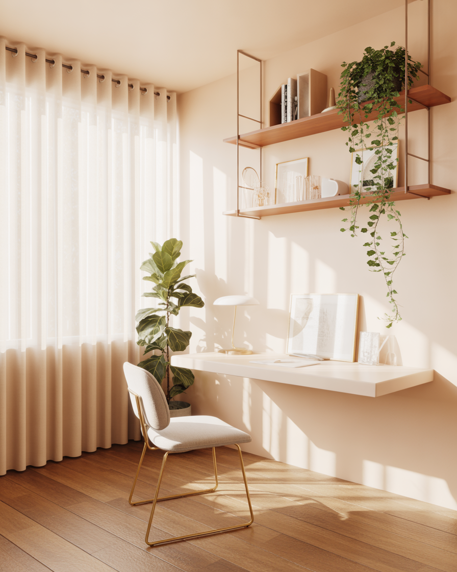 White floating desk under soft light and hanging shelves with plants.