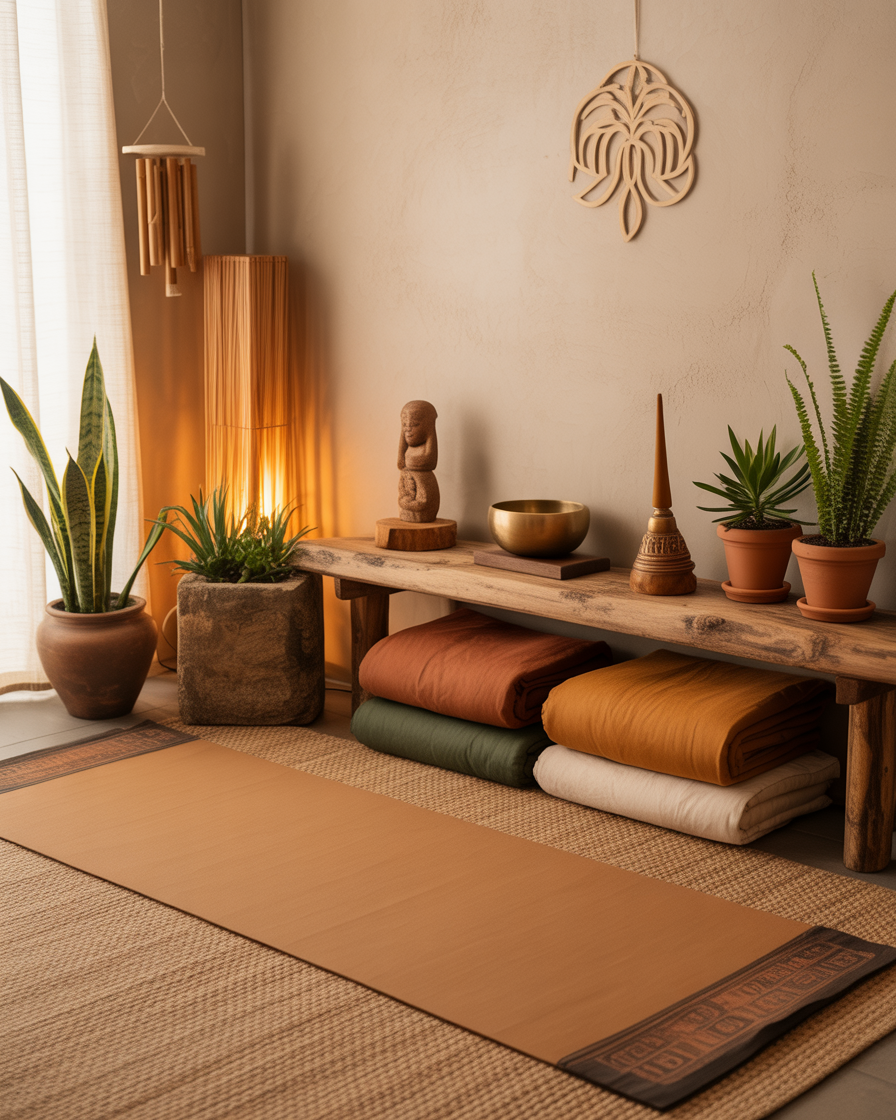 Yoga space with wood, bamboo, and clay for natural, grounding energy.