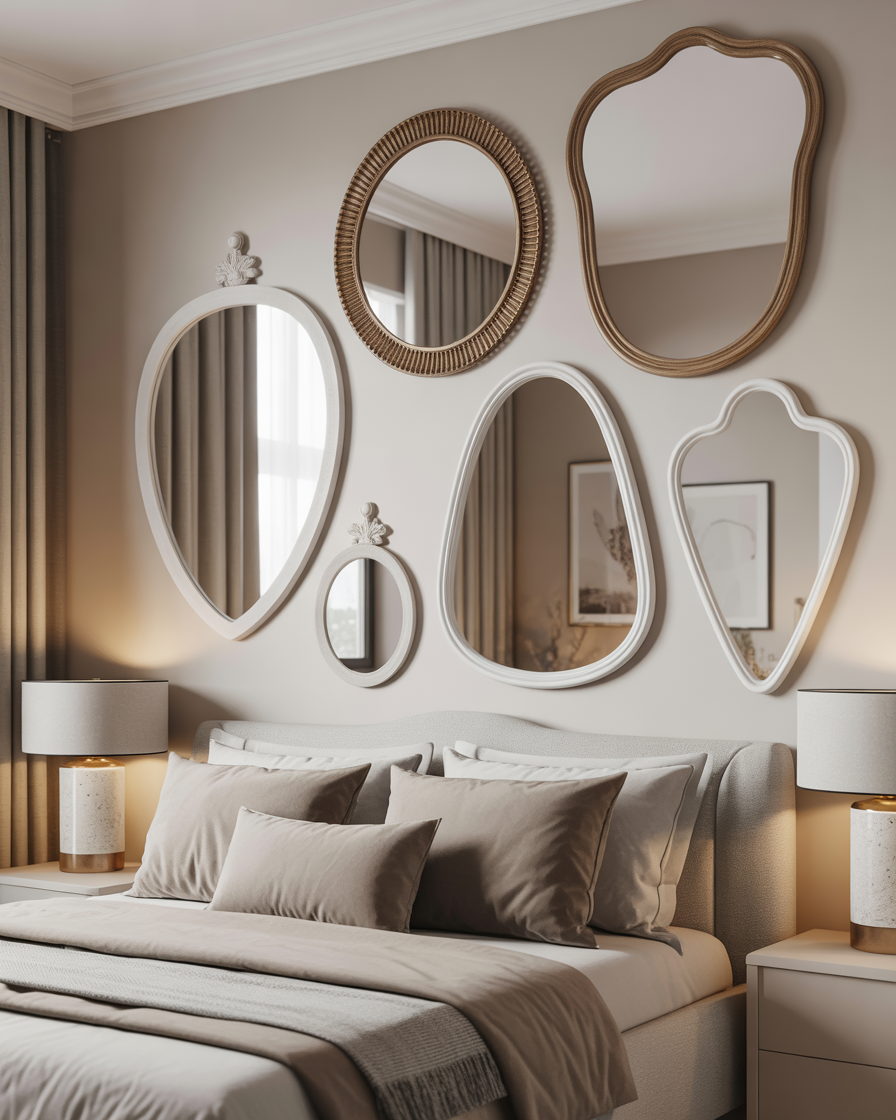 Bedroom wall decorated with multiple decorative mirrors in various shapes and frames.