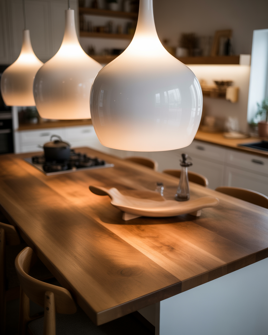 A kitchen with a wooden island and white pendant lights, creating a warm and stylish centerpiece.