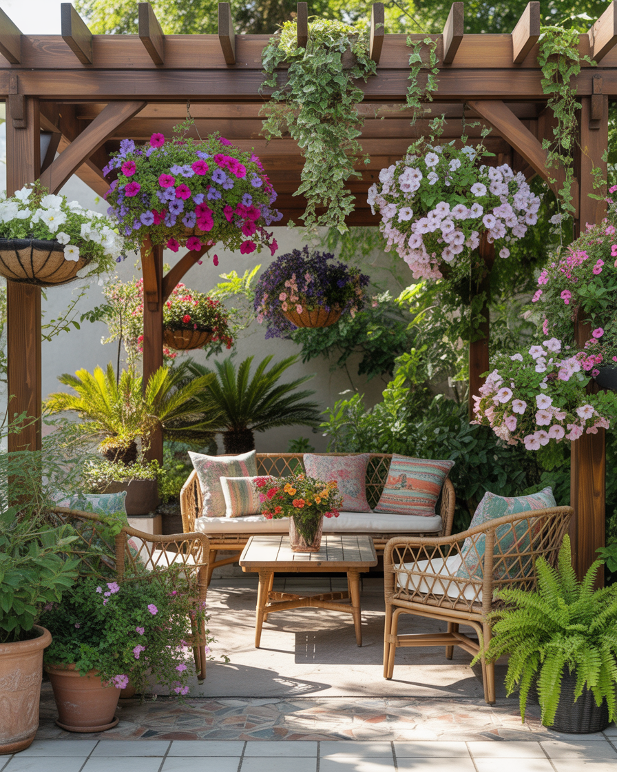 Corner pergola with hanging plant baskets and wooden chairs