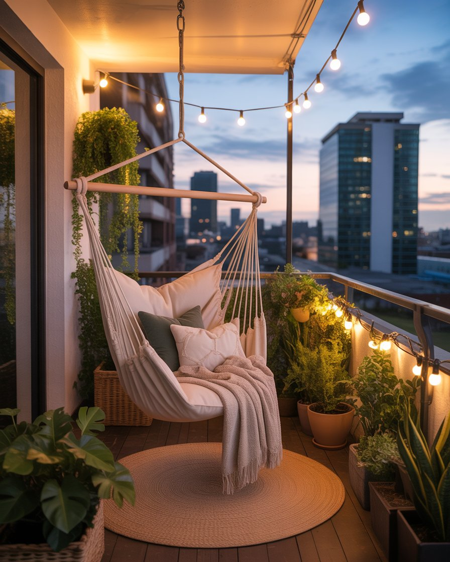 A cozy hammock chair on a balcony, surrounded by pillows and throws for relaxation.