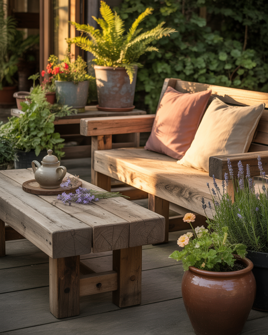 Rustic reclaimed wood patio furniture surrounded by potted plants and soft cushions, in warm sunset light.