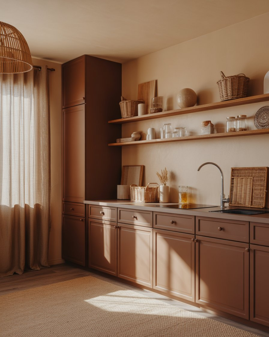 Cozy brown and beige kitchen with natural light.
