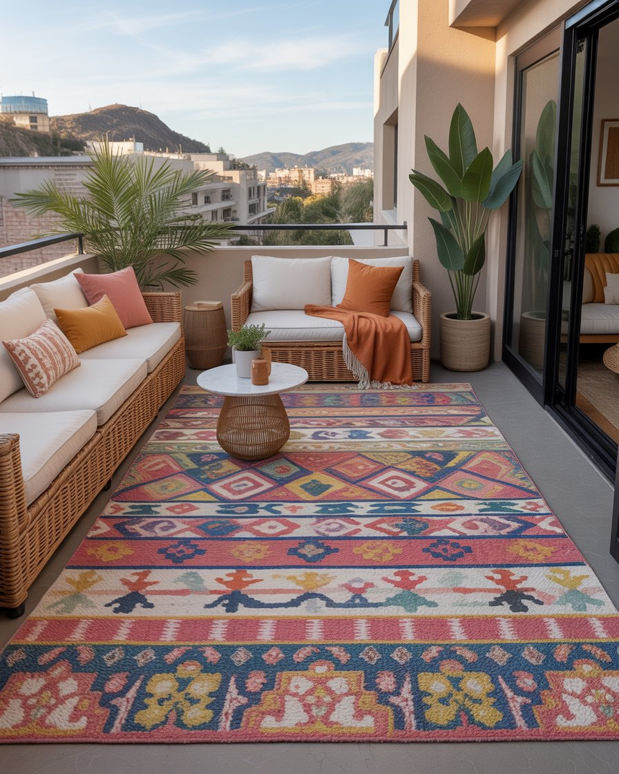 A cozy balcony with a vibrant outdoor rug, adding comfort and style to the space.