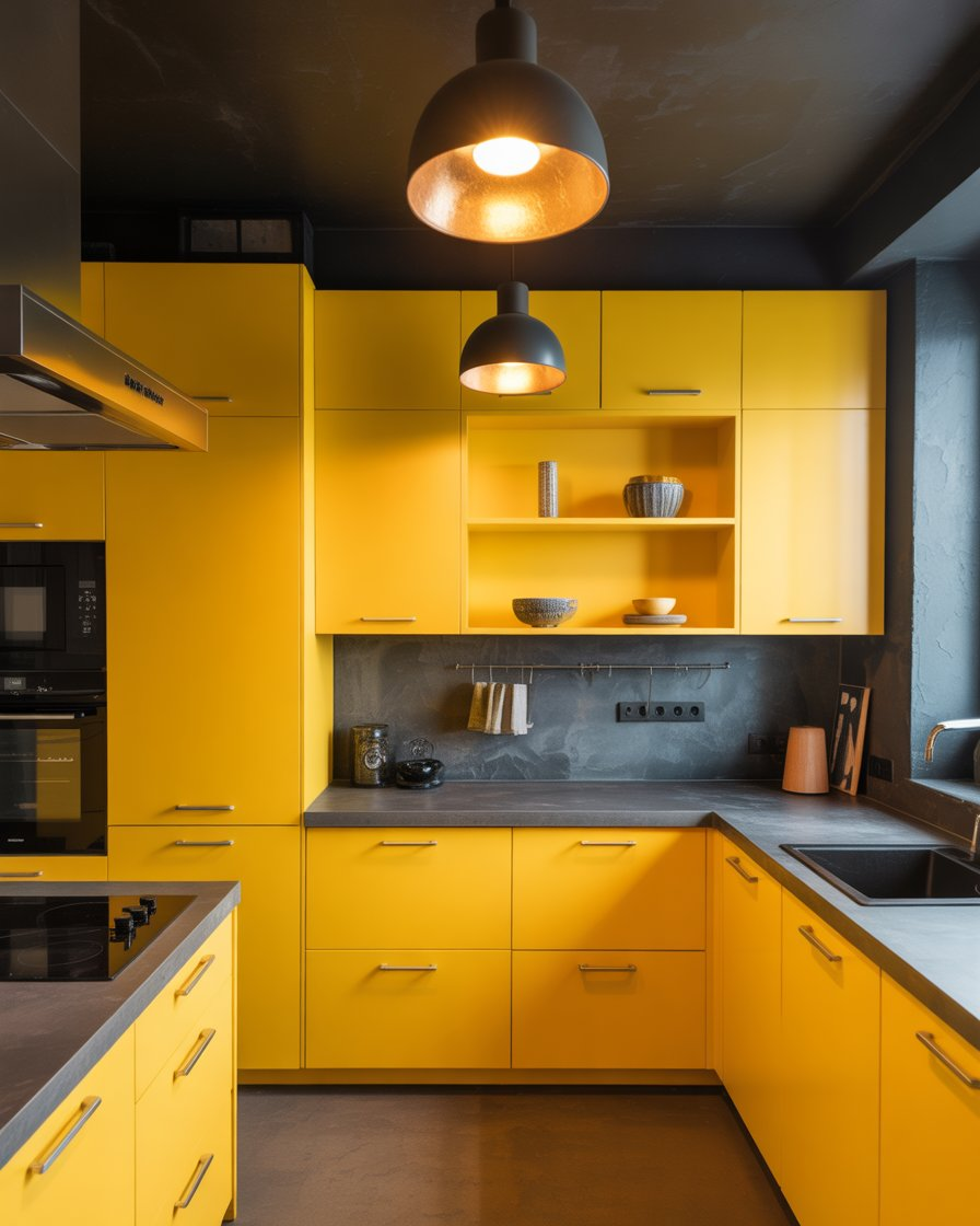  A kitchen with bright yellow cabinetry and gray countertops, featuring stylish pendant lighting.