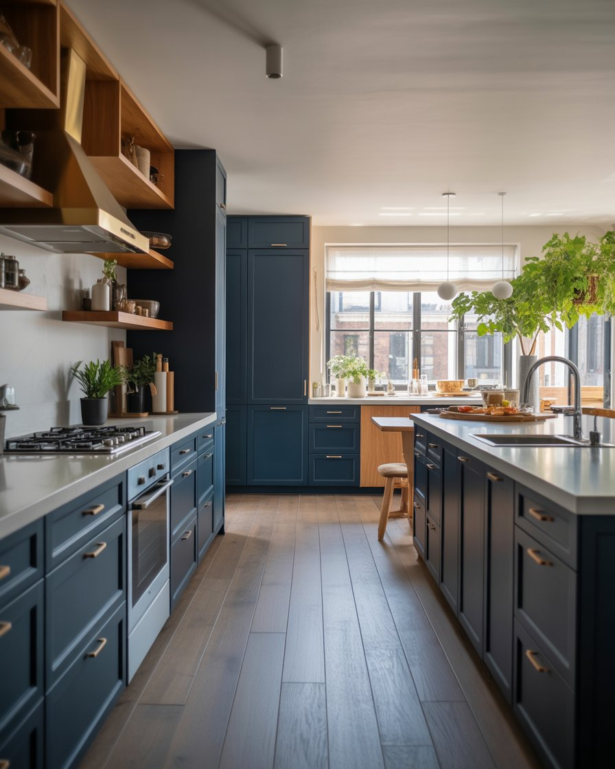 A deep navy kitchen with brass hardware and light wood elements, featuring an open layout.
