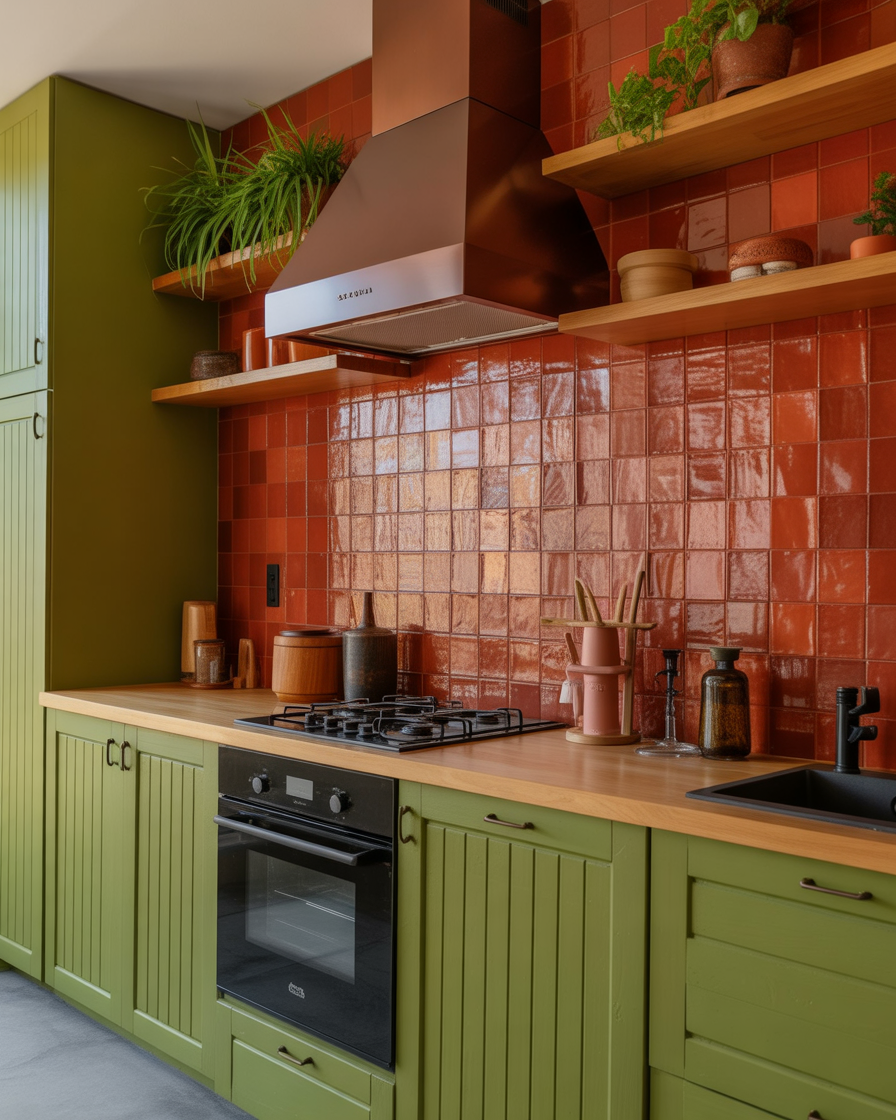 A kitchen featuring terracotta tiles and green cabinets, with natural wood accents.