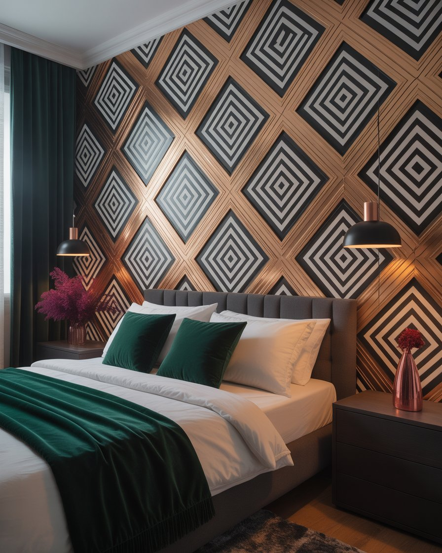 Geometric black and gold wallpaper accent wall in a modern bedroom.