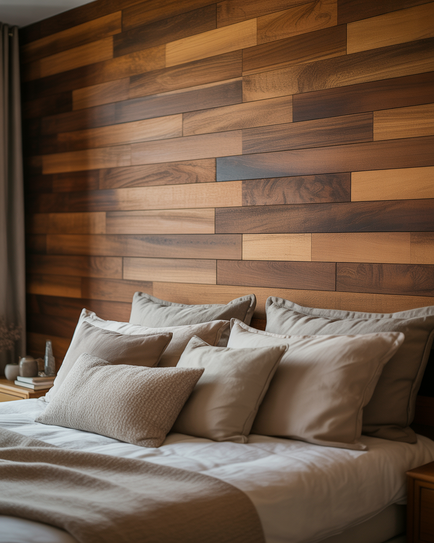 Bedroom wall with wooden panels creating a warm and textured look.