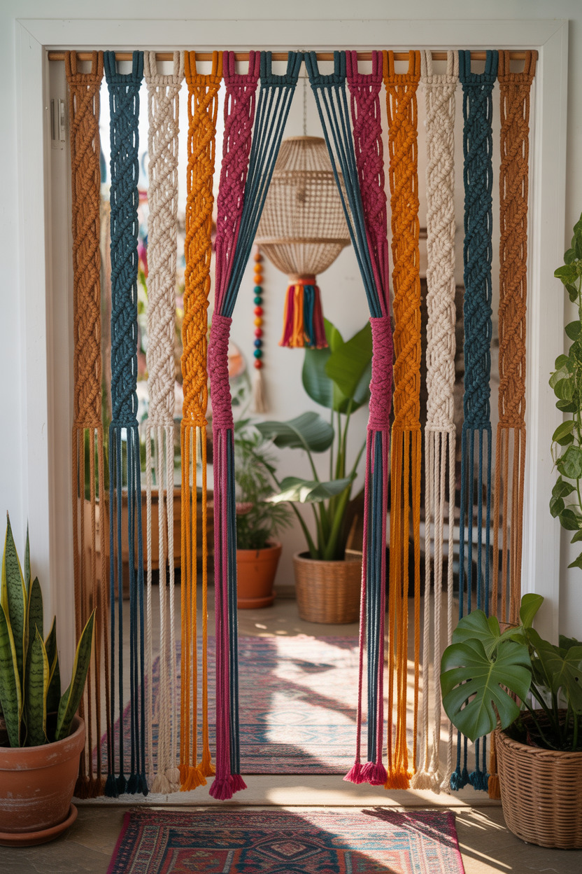 Cream-colored macramé curtain with knotted design hanging in front of a door.